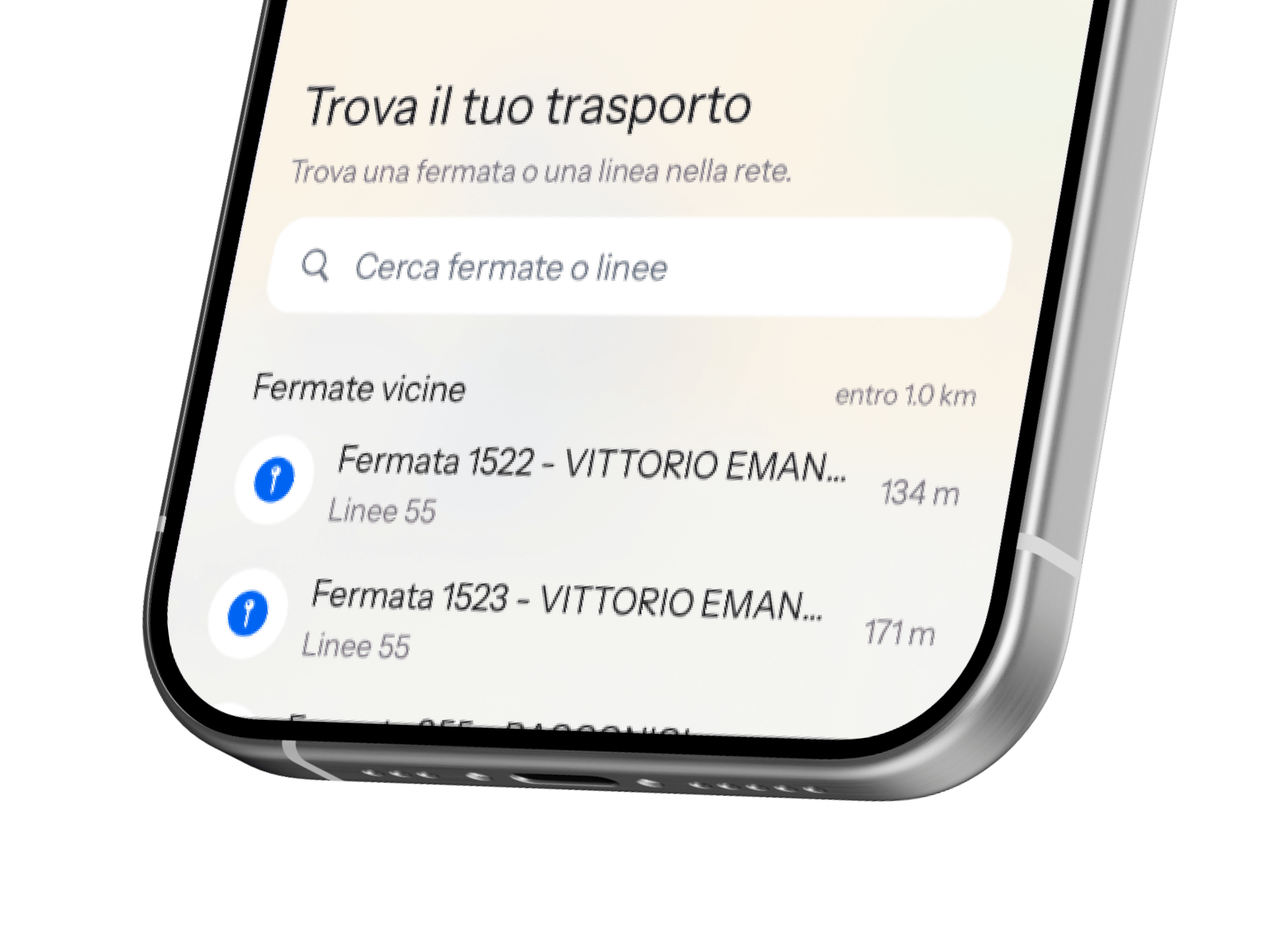 Prossimo nearby stops screen